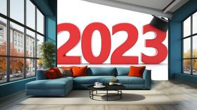 2023 New Academic Year, Class Graduation. Red number and grad cap isolated on white. Wall mural