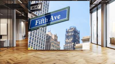 5th ave, Manhattan New York downtown. Blue color street signs, Wall mural