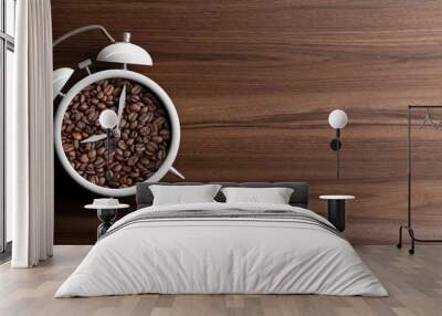 Alarm clock on wooden background. 3d illustration Wall mural