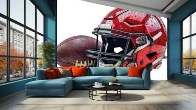 American football ball and player helmet isolated on white, transparent, Super bowl, PNG Wall mural