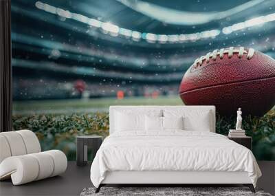 American football ball on grass, closeup view. Super bowl game Wall mural