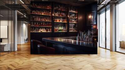 Bar interior at night. Alcohol bottles and drink glasses on wall shelves and bar bench, Generative AI Wall mural