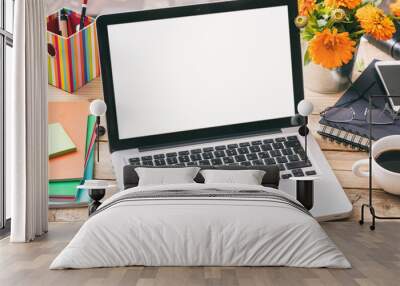 Blank computer screen on an office desk, copy space Wall mural