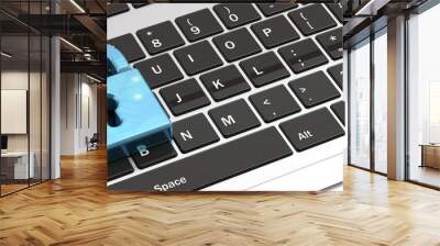 Blue padlock on a computer keyboard, banner. 3d illustration Wall mural