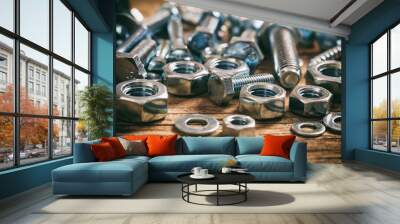 Bolts and nuts on wooden background Wall mural