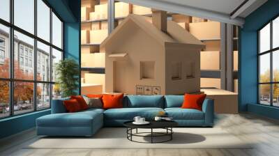 Cardboard box house shape against warehouse shelves background. 3d illustration Wall mural