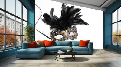 Carnival mask brown color with black feather decoration isolated on white background Wall mural