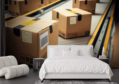 Carton boxes on Conveyor belt, close up. Warehouse for product storage and logistics. AI generative	 Wall mural