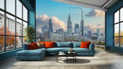 Chicago Illinois, USA. Cars on the road driving to Chicago city, high rise buildings and cloudy sky background Wall mural