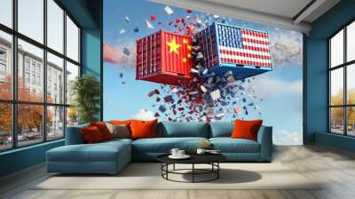 China and USA trade war. US of America and Chinese flags containers crashed on sky Wall mural