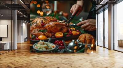 Christmas and thanksgiving holiday dinner, cutting roasted turkey on the festive table, closeup.  Wall mural