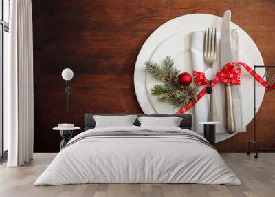 Christmas table setting on wooden background Wall mural