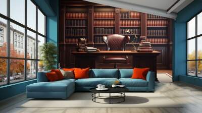 Classic office interior, wooden furniture and books. Generative AI Wall mural