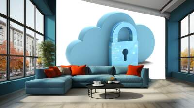 Cloud computing security. Blue cloud and padlock isolated on white background. 3d illustration Wall mural