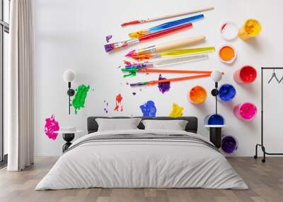 Colorful finger paints set on white color background, top view Wall mural