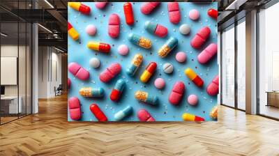 Colorful pills background, medicine tables flat lay, top view Wall mural