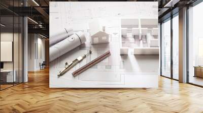 Construction concept. Residential building drawings and architectural model, Wall mural