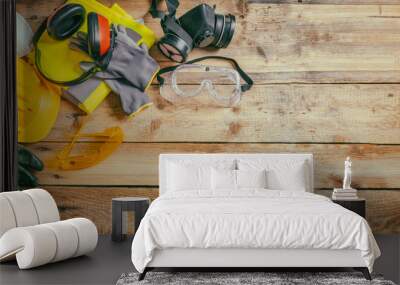 Construction safety. Protective hard hat, headphones, gloves and glasses on wooden background, banner Wall mural