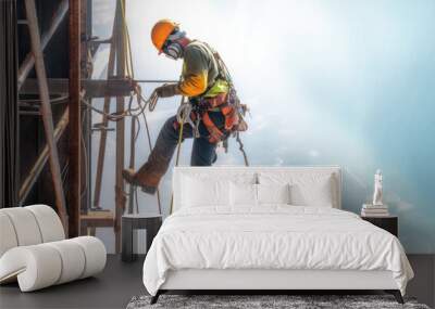 Construction worker climber on a site wearing construction safety equipment working at height, Generative AI Wall mural