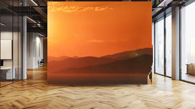 Crucifixion of Jesus Christ, wooden cross, sky at sunset background. 3d illustration Wall mural