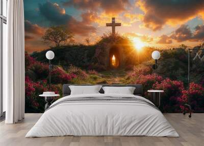 Crucifixion of Jesus Christ concept, Cross up on a hill at sunset,  Wall mural