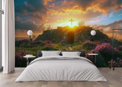 Crucifixion of Jesus Christ concept, Cross up on a hill at sunset,  Wall mural