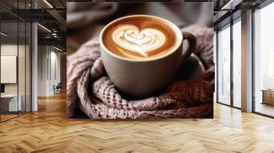 Cup of coffee with milk and heart shape foam, hot chocolate or cappuccino closeup, Generative AI Wall mural