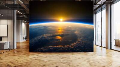 Curvature of planet Earth. Aerial view of blue planet from space. Sunrise over globe land and ocean. Generative AI Wall mural