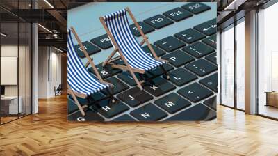 Deck chairs on a computer laptop, banner. 3d illustration Wall mural