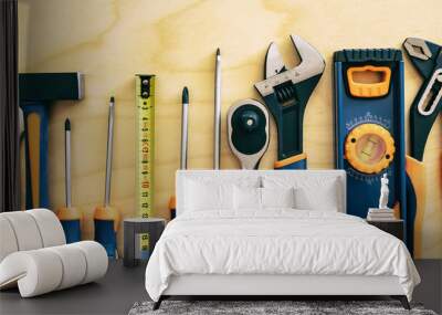 DIY, maintenance service works concept. Home repair tools set on wooden background, top view, banner. Wall mural