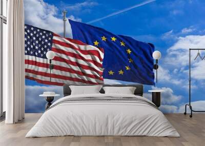 eu and america waving flags on blue sky. 3d illustration Wall mural