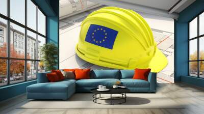 European Union flag construction hardhat on building project plans, 3d illustration Wall mural