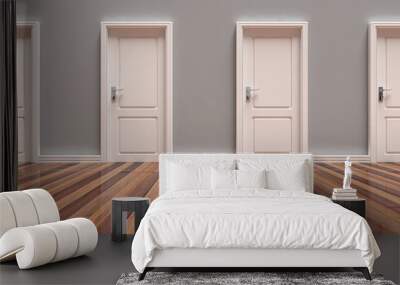 Four closed white doors on grey wall and wooden floor background, banner. 3d illustration Wall mural