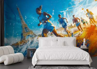 games 2024 in Paris France. Athletes running, sports event, Eiffel tower background Wall mural