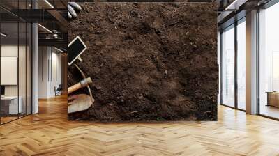 Garden tool and flower plant on soil background, copy space. Agriculture and gardening Wall mural