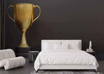 Gold trophy cup dual handle on empty grey background. Shiny metallic reward. Copy space. 3d render Wall mural