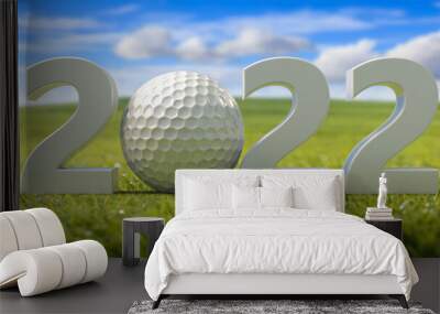 Golfing 2022. New year, green grass field, blue sky background. 3d illustration Wall mural