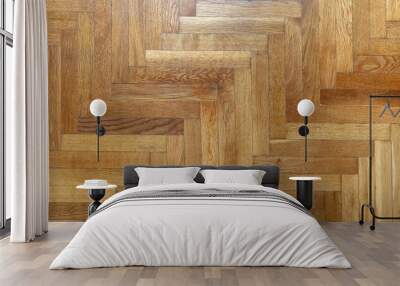 Herringbone pattern parquet wood floor texture. Wooden oak flooring background, overhead Wall mural