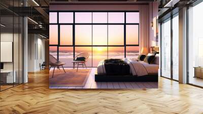 Holidays in a tropical island, luxury hotel resort. Beach bungalow bedroom interior, ocean view at sunset. Generative AI Wall mural