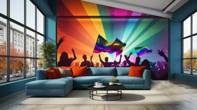 LGBTQ pride festival, people celebrating, rainbow colors flag and lights. Generative AI Wall mural