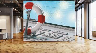 Lifebuoy and navy ship anchor on computer laptop keyboard, banner. 3d illustration Wall mural