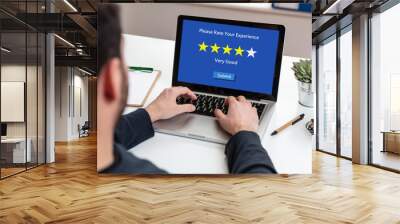 Man working with a computer, 4 stars, very good text on the screen, office background Wall mural