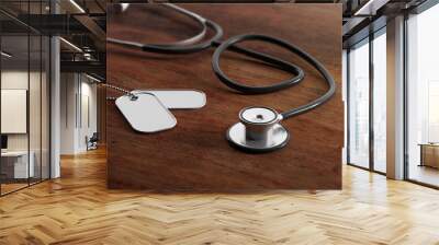 Military doctor concept. Blank identification tags and stethoscope on wooden background. 3d illustration Wall mural