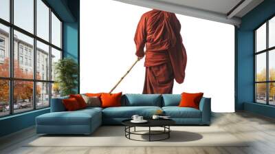 Monk Buddhist in a red robe holding a walking stick rear view isolated on transparent background. PNG, Generative AI Wall mural