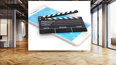 Movie clapper on a smartphone - white background. 3d illustration Wall mural