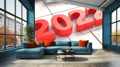 New year 2022 red color number on construction project blueprint. 3d illustration Wall mural