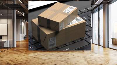 Online shopping, e-commerce and package delivery concept, Parcels on laptop keyboard. 3d illustration Wall mural