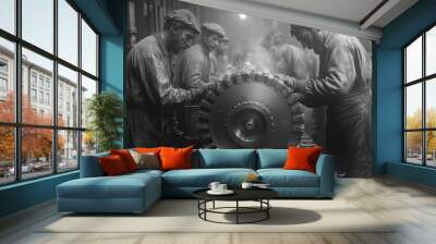 People work in a heavy industry, retro factory machine and production, first industrial revolution concept Wall mural