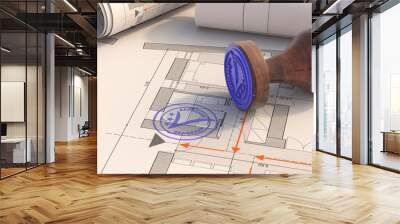 Plan approval. Blue stamp APPROVED on blueprint. 3d illustration Wall mural