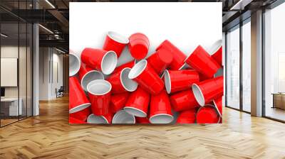 Plastic red color disposable cups pile on white background, banner. 3d illustration Wall mural